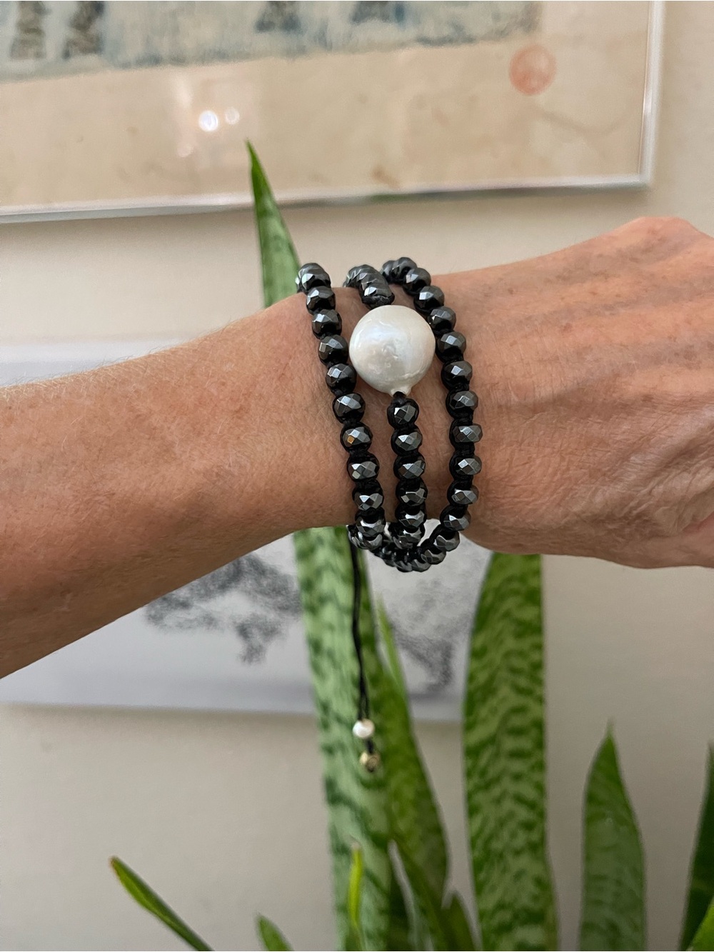 J LL Pearl Obsidian Black Beaded Wrap Bracelet with Fresh Water Pearl
